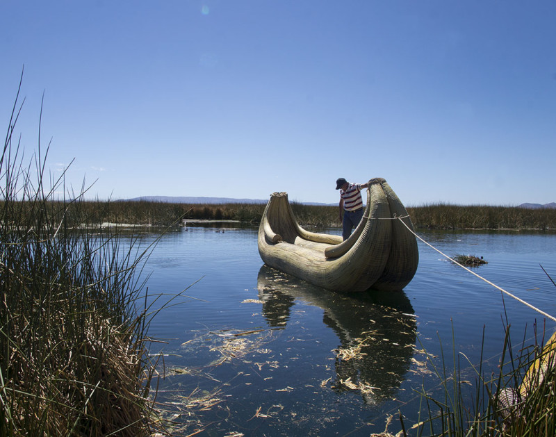 reed boat floating in Lake Titicaca