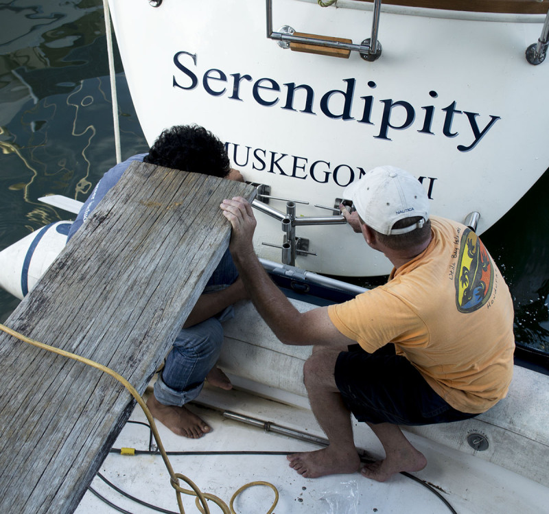 Thomas installing emergency rudder mounts