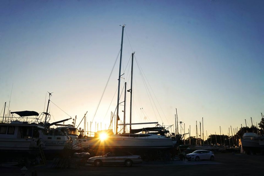 sunset in boat yard